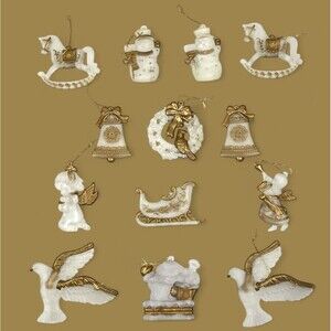 VTG Clear Frosted Acrylic Christmas Ornaments Gold Trim 13pc LOT Santa Dove Bell